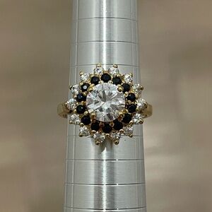 Black and Clear Cubic Zirconia Gold Tone Vermeil Starburst Ring Size 6.75